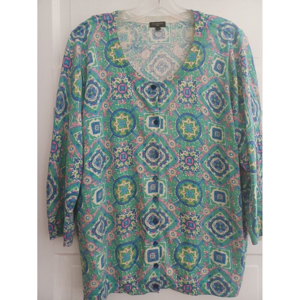 Talbots medallion print cardigan 1X plus lightweight colorful preppy sweater